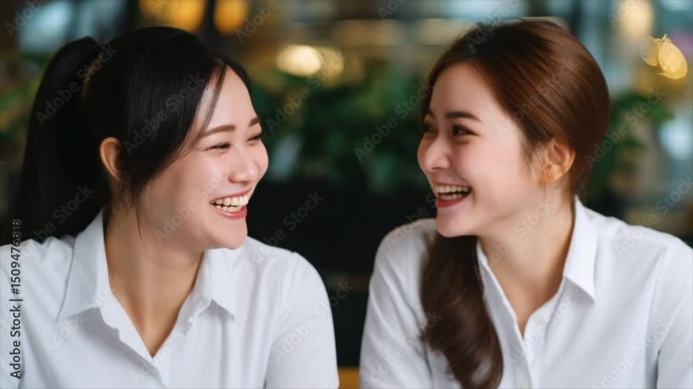 Two smiling Asian business women in shirts, having fun Two smiling Asian business women in shirts, having fun