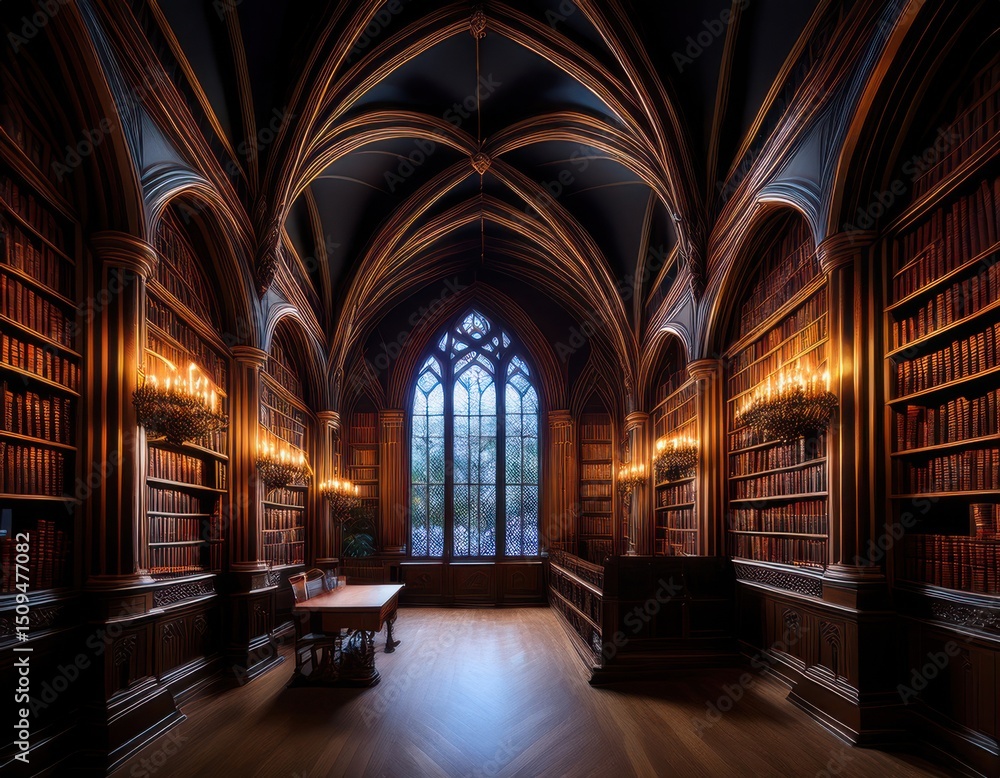Fototapeta premium Dark academia library with gothic arches, candle-like lighting, and rich velvet drapes at the window