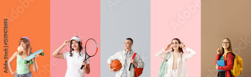 Set of teenagers on color b...