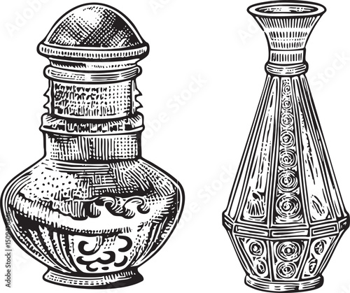 Two antique ceramic bottles stand side-by-side showcasing intricate and decorative detailing.