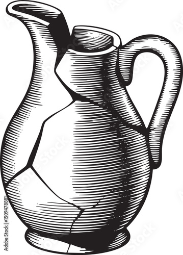 fractured ceramic pitcher rests on a weathered surface.