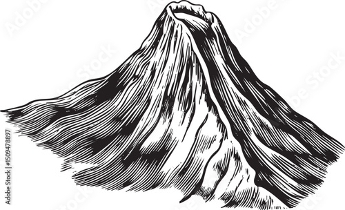stylized black and white depicts a majestic mountain peak.