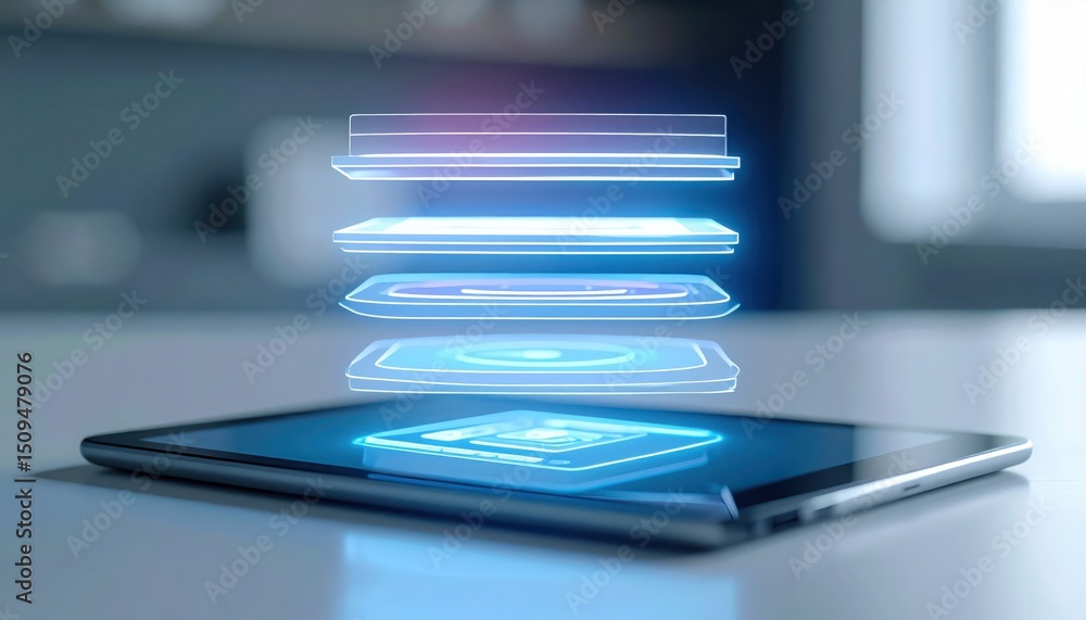 Fototapeta premium Floating digital layers hover above a tablet screen on a light surface showing futuristic technology display.