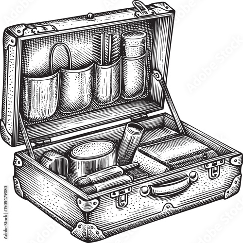 open vintage suitcase reveals a collection of personal items.