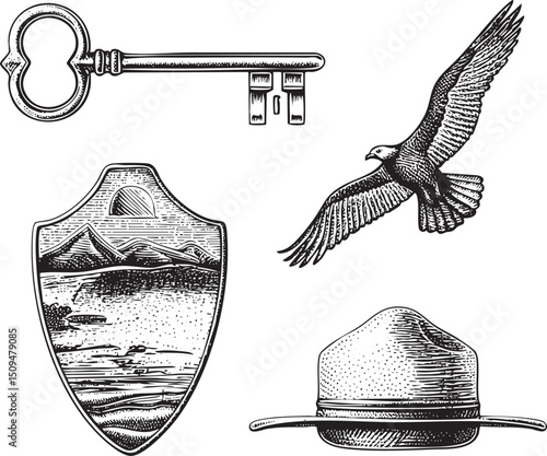 vintage key and shield depict a soaring eagle against a mountainous landscape.