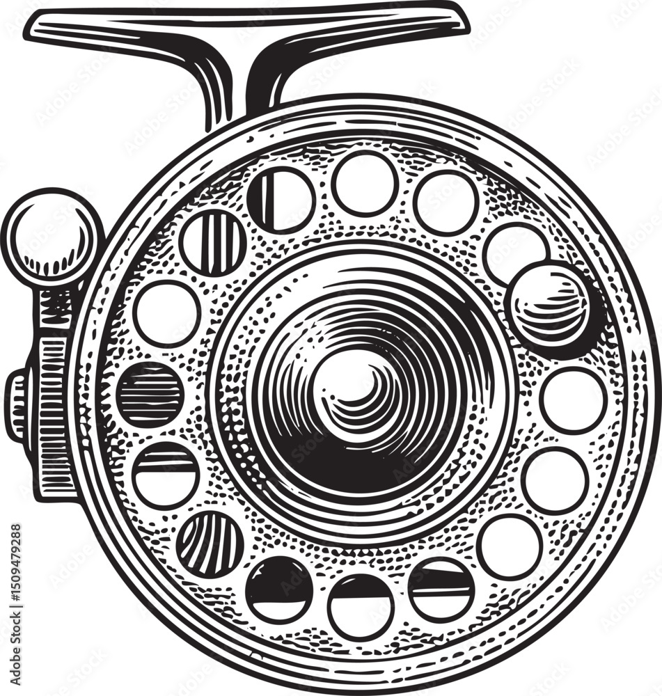 Obraz premium detailed monochrome of a fishing reel showcases its intricate .