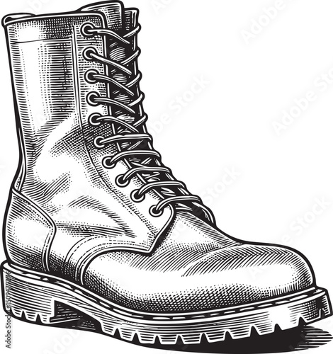 detailed black and white of a sturdy high-ankle boot.