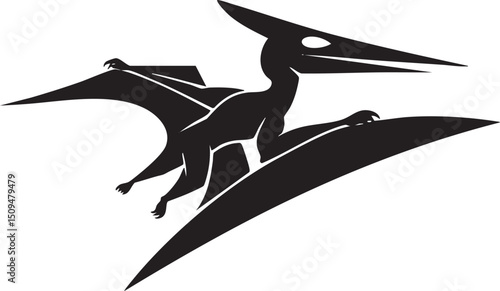 stylized silhouette of a flying prehistoric reptile soars through the air.
