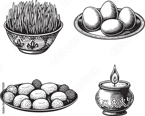 ceramic bowl overflows with sprouting grains accompanied by a platter of fresh eggs.