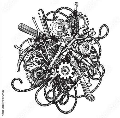 chaotic arrangement of sewing tools and mechanical components.