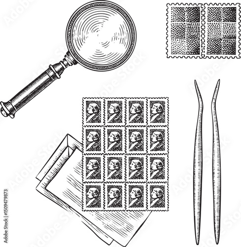magnifying glass examines a collection of vintage postage stamps on a linen cloth.