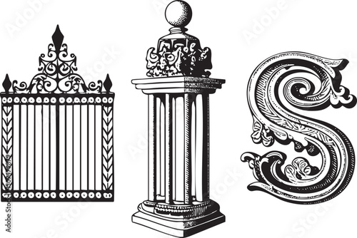 black and white depicts an ornate decorative grille alongside a classical column topped with a spherical finial.