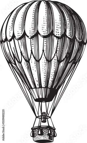 black and white hot air balloon ascends gracefully into the sky.