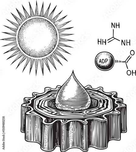 detailed stylized depicts a water droplet resting on a gear-shaped surface illuminated by a radiant sun.