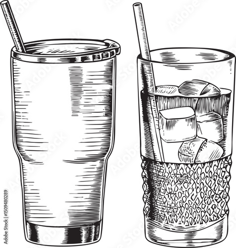 Two tall glasses contain beverages with ice and straws.