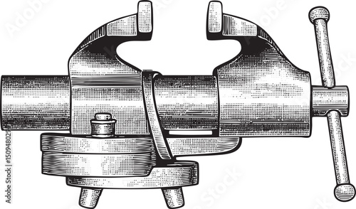 vintage metal vise firmly grips a cylindrical pipe.
