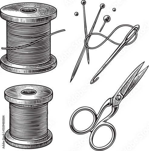 Three vintage sewing tools – a spool  and scissors – are displayed in a black and white .