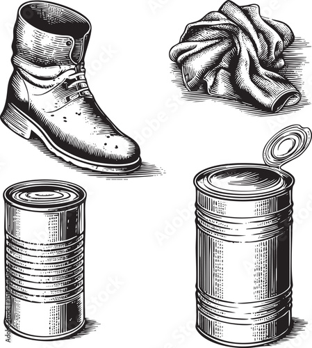 black leather boot rests beside a draped cloth and two open metal cans.