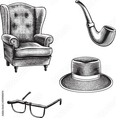 detailed black and white showcases a wingback chair a pipe a hat and spectacles.