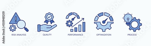 Key Pillars Of Excellence Icon Set Isolated Vector With Icon Of Risk Analysis, Quality, Performance, Optimization, Process In Blue Style