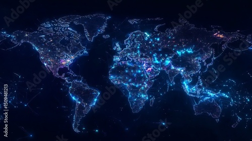 Wallpaper Mural Global Network Connections Digital World Map Abstract Blue Technology Background Futuristic Illuminated City Lights Worldwide Interconnection Digital Data Visualization Graphic     Torontodigital.ca
