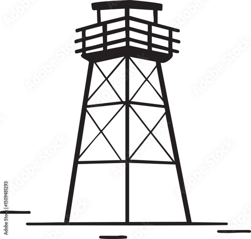 solitary black-and-white watchtower stands tall against a simple background.