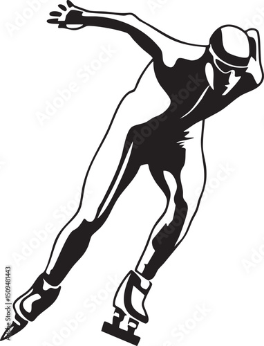 silhouetted figure skates swiftly across a white surface.
