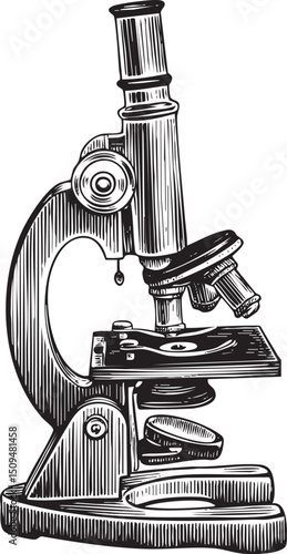 vintage black and white microscope stands on a wooden base ready for scientific observation.