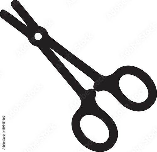 black surgical instrument a pair of forceps rests on a white surface.