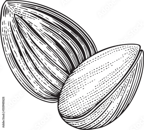 Two almonds rest side-by-side in a detailed black and white engraving.