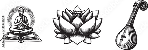 serene figure sits in meditation beside a lotus flower and a stringed instrument.