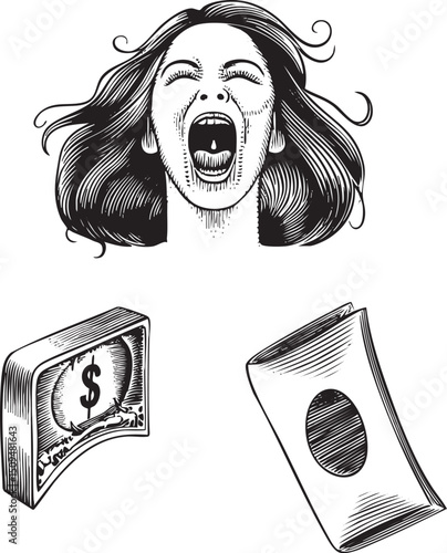 woman with flowing hair screams in anguish beside stacks of currency.