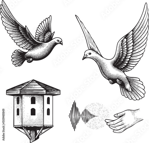 Two doves soar gracefully through a serene shaded sky.