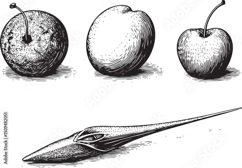Three fruits—an  a pear and a cherry—are presented in a linear arrangement.