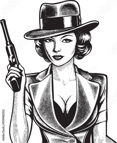 woman in a hat holds a pistol with determination.