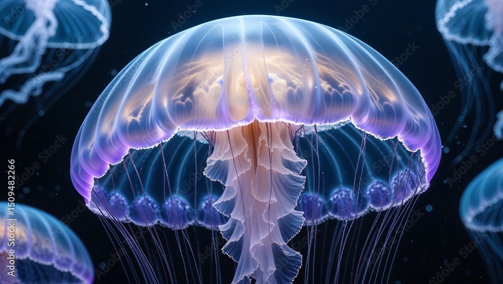 Fototapeta premium Beautiful jellyfish glows with vibrant colors in dark ocean water while drifting gracefully during nighttime