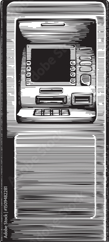 vintage black and white ATM stands upright against a plain background.