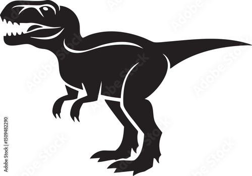 stylized silhouette of a Tyrannosaurus stands confidently against a white background.