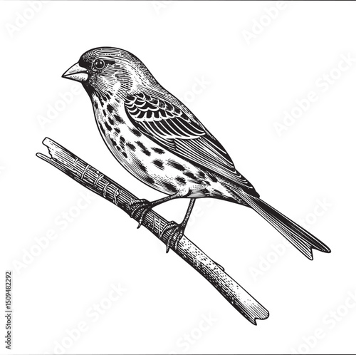 speckled sparrow perches on a weathered branch.