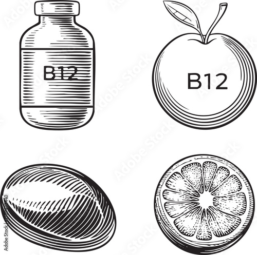 vitamin B12 supplement bottle and an orange displaying the letter 'B12' alongside a sliced citrus fruit.