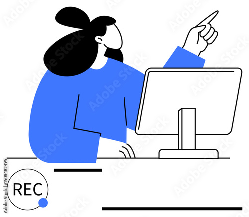 Person gesturing near a computer screen during a recorded session. Ideal for online learning, webinars, training, communication, professional tutorials, virtual collaboration, flat simple metaphor