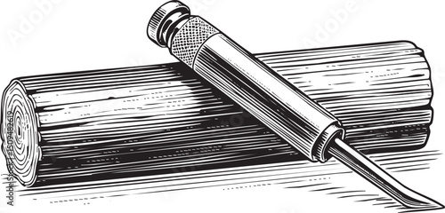 small tool rests on a thick wooden log.