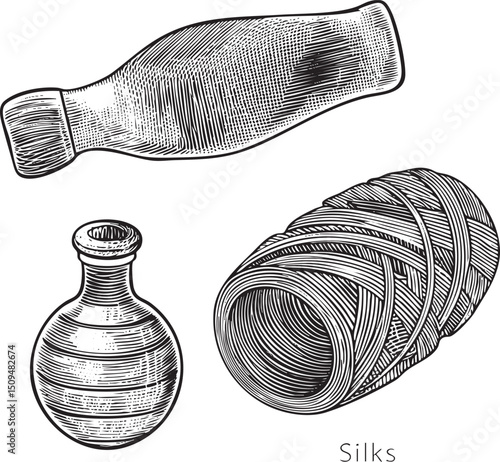 Three decorative bottles and a woven basket are depicted in detailed black and white .