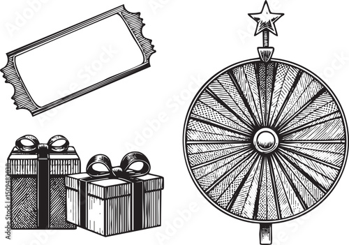 Black and white depicts a spinning wheel a ticket stub and wrapped gifts.