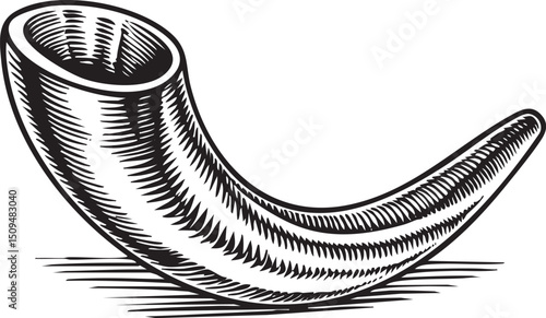 detailed black and white of a curved ceremonial horn.