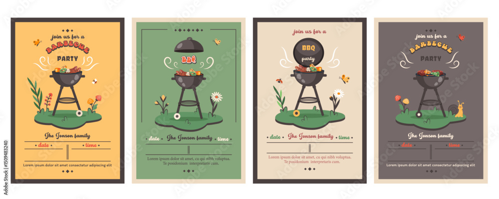 Fototapeta premium BBQ party. Set of Barbecue posters with brazier, grill, steaks, meat food, vegetables at home. Bbq time. Family dinner. Vector cartoon illustration for banner, holiday card, summer picnic, flyer