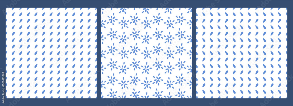 Set of floral seamless patterns. Simply blue flowers on white background. Doodle hand drawn nature symbols. Vector flat illustration for  decoration, wallpaper, textiles, printing, kids interior