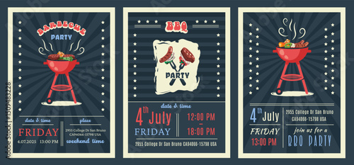 BBQ party. American 4th of July Celebration. Set of Set of barbecue invitation. Holiday card, poster, banner, flyer template for bbq picnic. Vector illustration with brazier, steaks, vegetables