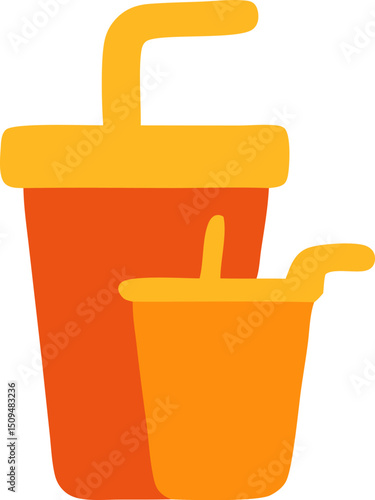 Two drinks one larger orange and the other smaller yellow both with straws