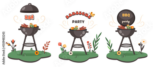 Bbq time. Set of Barbecue cliparts with brazier, grill, steaks, meat food, vegetables at home. BBQ party art. Family dinner. Vector cartoon illustration for banner, holiday card, summer picnic, flyer